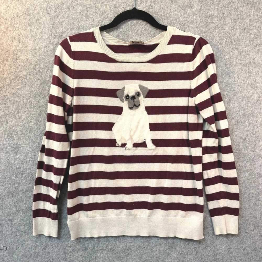 Loft Outlet Women Burgundy Cream Striped Pug Dog Graphic Sweater Small